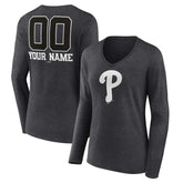 Philadelphia Phillies Women's Personalized Monochrome Name & Number Long Sleeve V-Neck T-Shirt - MLB T-shirts