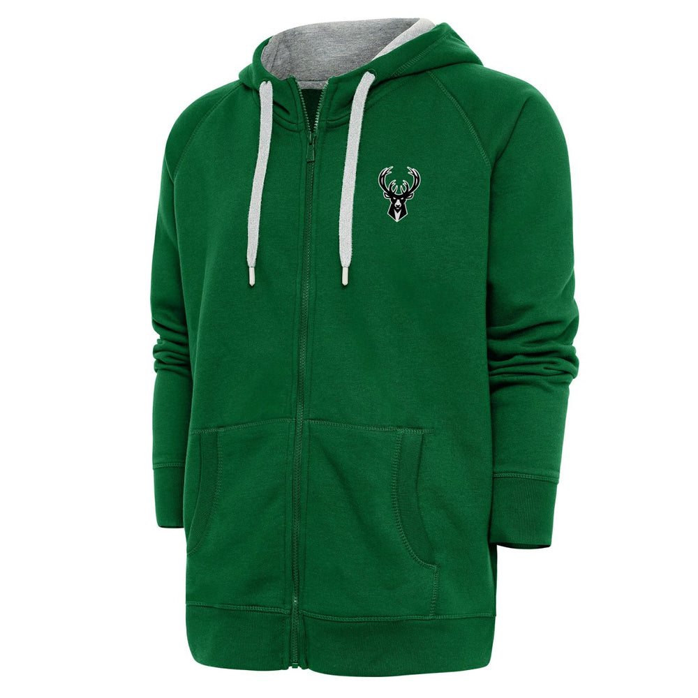 Hunter Green Milwaukee Bucks Antigua Metallic Logo Victory Raglan Full-Zip Hoodie | NBA