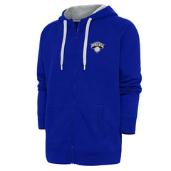 Blue New York Knicks Antigua Metallic Logo Victory Raglan Full-Zip Hoodie | NBA