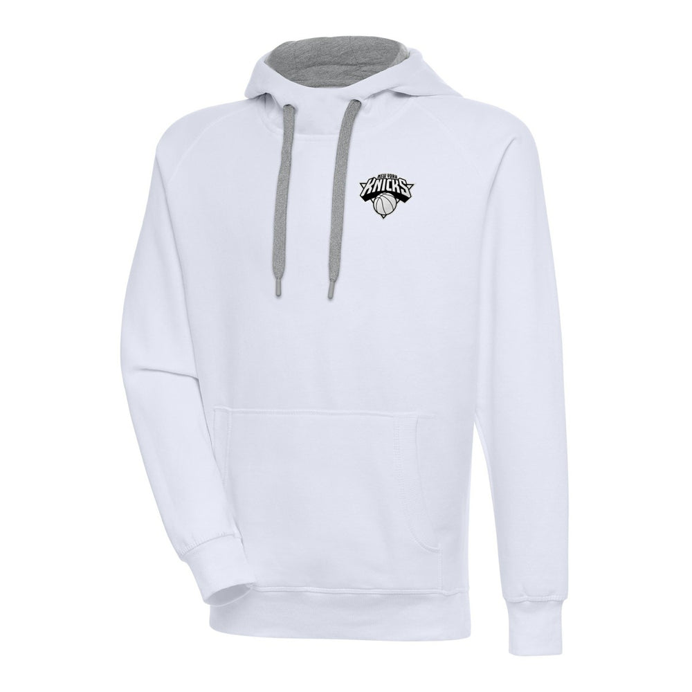 White New York Knicks Antigua Metallic Logo Victory Raglan Pullover Hoodie | NBA