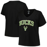 Black Milwaukee Bucks Profile Women's Plus Size Arch Over Logo V-Neck T-Shirt | NBA