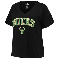 Black Milwaukee Bucks Profile Women's Plus Size Arch Over Logo V-Neck T-Shirt | NBA