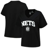 Black Brooklyn Nets Profile Women's Plus Size Arch Over Logo V-Neck T-Shirt | NBA