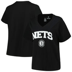 Black Brooklyn Nets Profile Women's Plus Size Arch Over Logo V-Neck T-Shirt | NBA