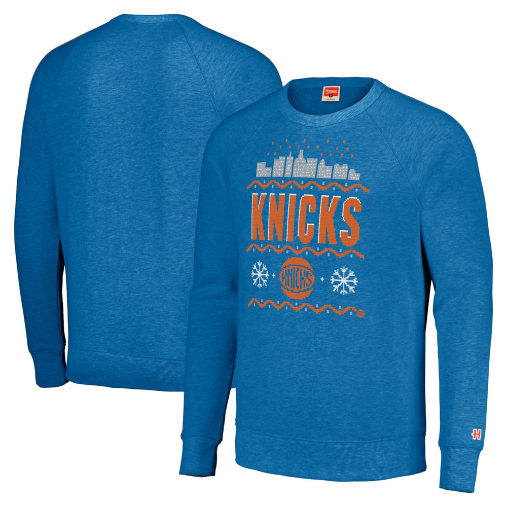 Blue New York Knicks Homage Unisex Holiday Raglan Pullover Sweatshirt | NBA