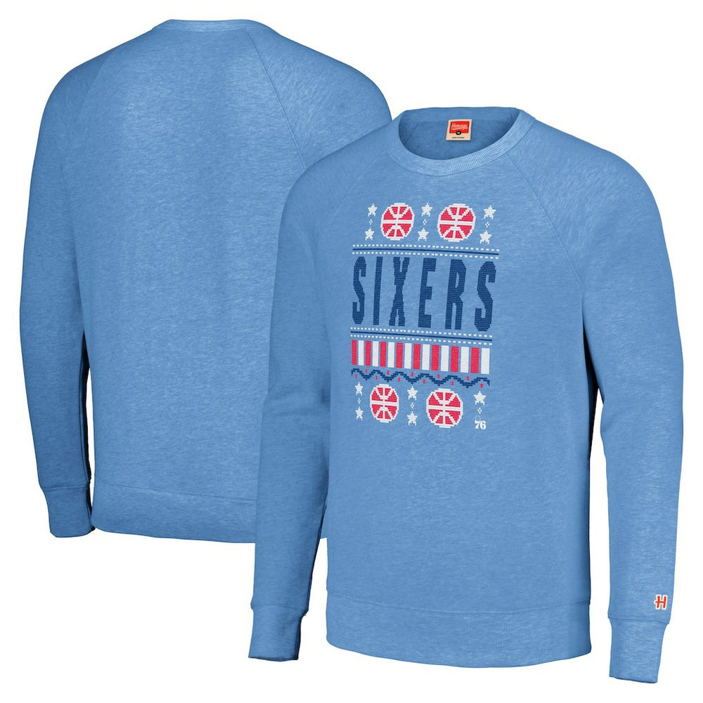 Light Blue Philadelphia 76ers Homage Unisex Holiday Raglan Pullover Sweatshirt | NBA