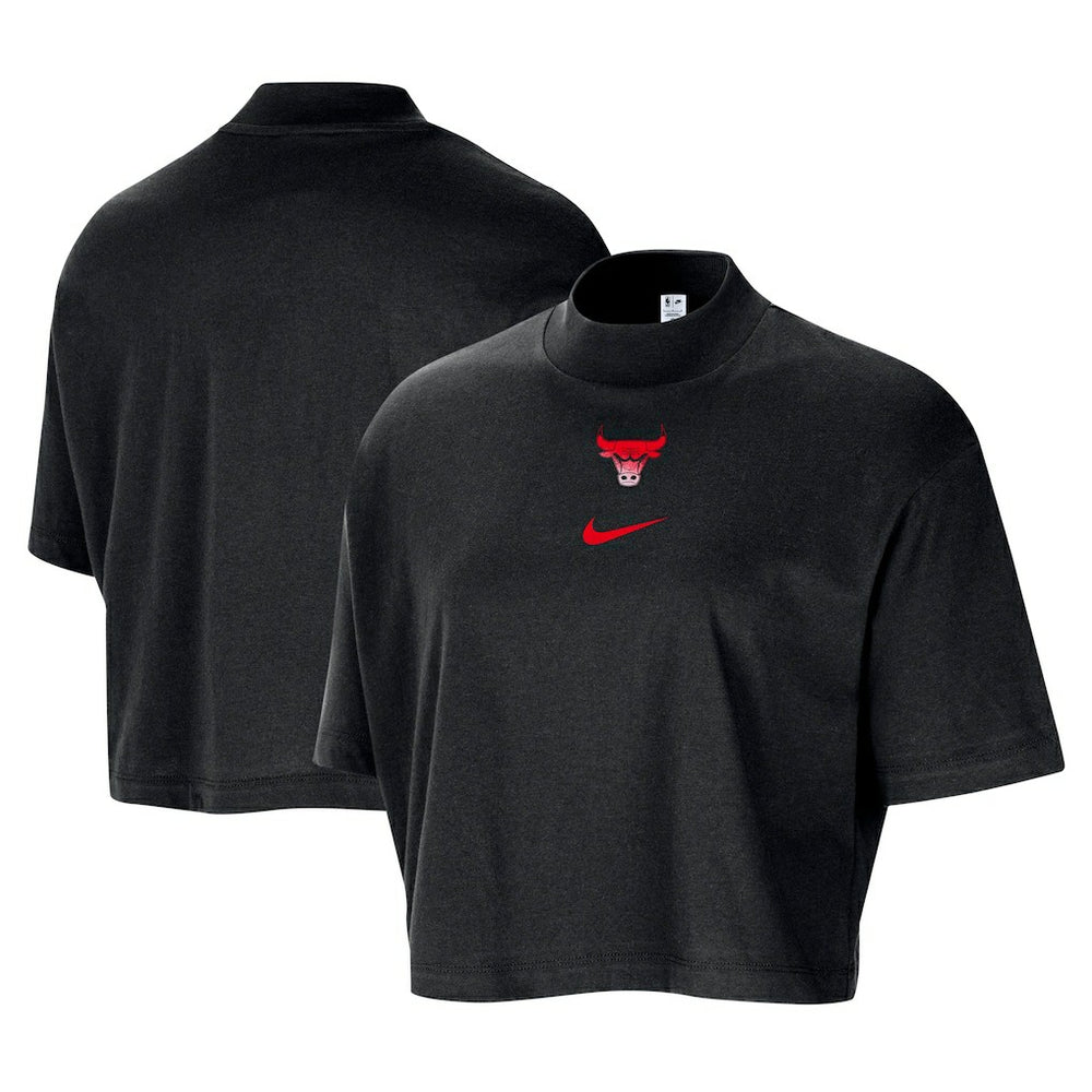 Black Chicago Bulls Women's Courtside Mock Neck Loose Fit Cropped T-Shirt sale | NBA