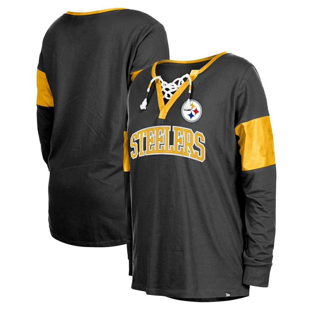 Pittsburgh Steelers Women's Lace-Up Notch-Neck Long Sleeve T-Shirt | NFL Discount
