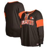 Cleveland Browns Women's Plus Size Lace-Up Notch Neck Long Sleeve T-Shirt | NFL US