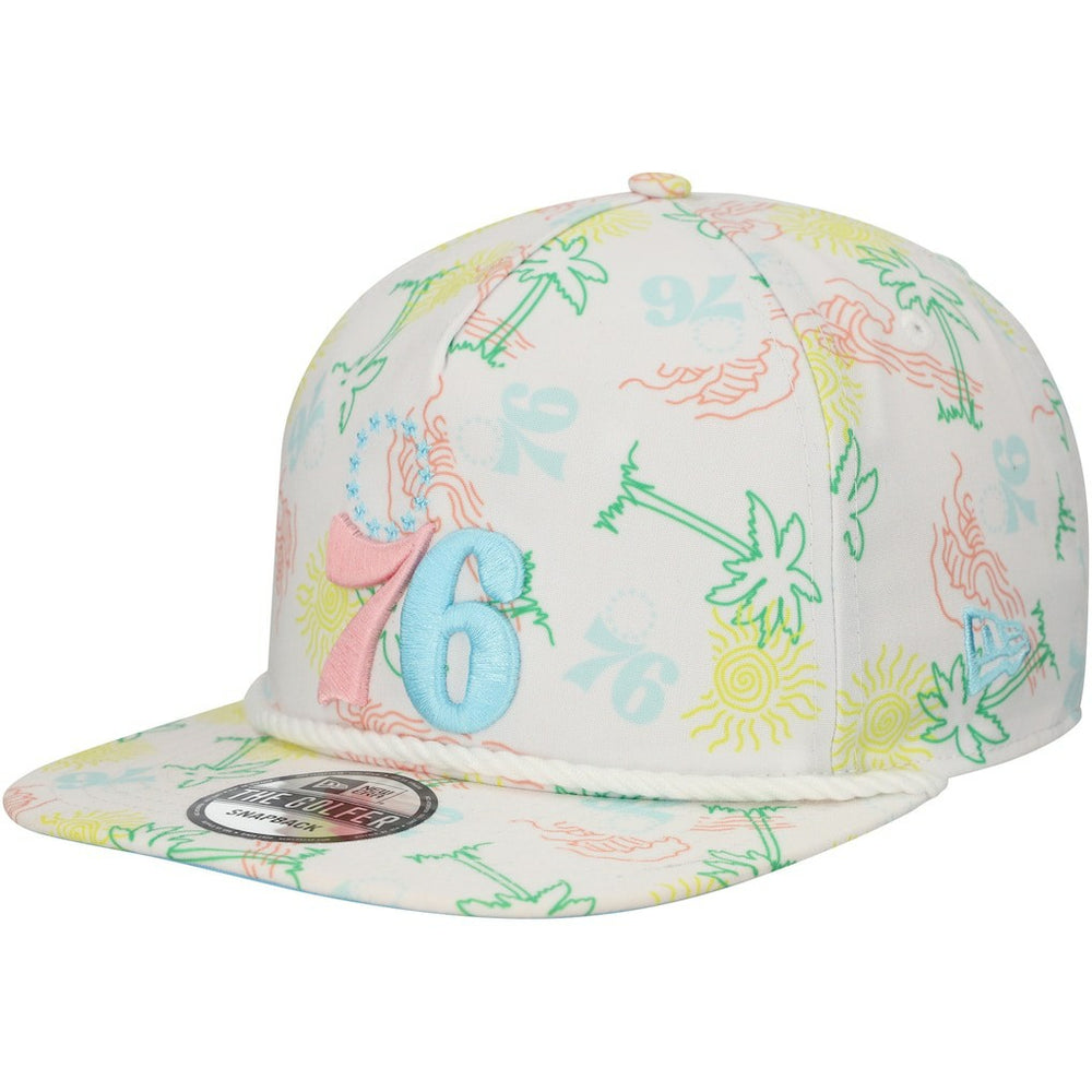 White Philadelphia 76ers Palm Trees and Waves Golfer Adjustable Hat | NBA