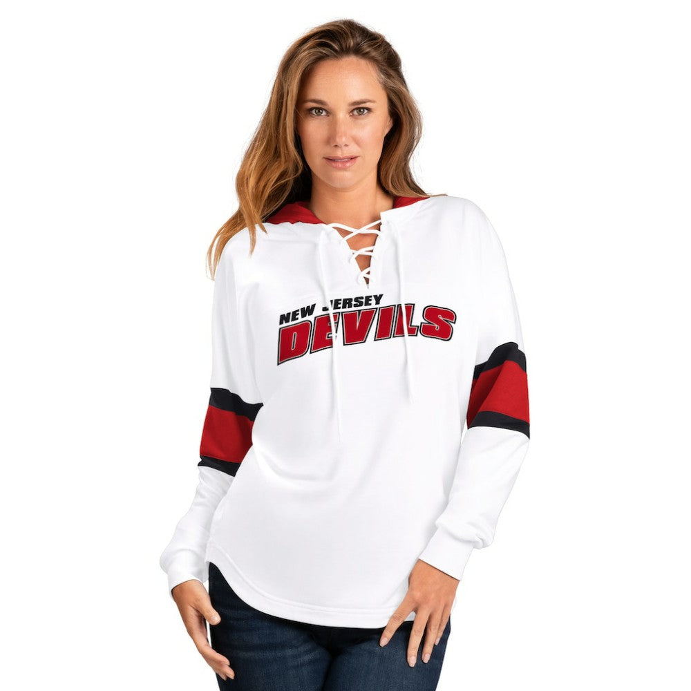 New Jersey Devils G-III 4Her by Carl Banks Women's Goal Zone Long Sleeve Lace-Up Hoodie T-Shirt - NHL T-shirts