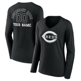 Cincinnati Reds Women's Monochrome Personalized Name & Number Long Sleeve V-Neck T-Shirt - MLB T-shirts