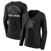 Miami Marlins Women's Monochrome Personalized Name & Number Long Sleeve V-Neck T-Shirt - MLB T-shirts