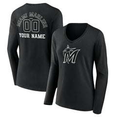 Miami Marlins Women's Monochrome Personalized Name & Number Long Sleeve V-Neck T-Shirt - MLB T-shirts
