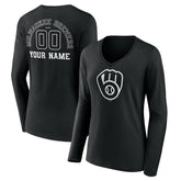 Milwaukee Brewers Women's Monochrome Personalized Name & Number Long Sleeve V-Neck T-Shirt - MLB T-shirts