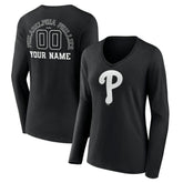 Philadelphia Phillies Women's Monochrome Personalized Name & Number Long Sleeve V-Neck T-Shirt - MLB T-shirts