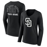 San Diego Padres Women's Monochrome Personalized Name & Number Long Sleeve V-Neck T-Shirt - MLB T-shirts