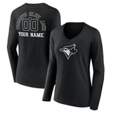 Toronto Blue Jays Women's Monochrome Personalized Name & Number Long Sleeve V-Neck T-Shirt - MLB T-shirts