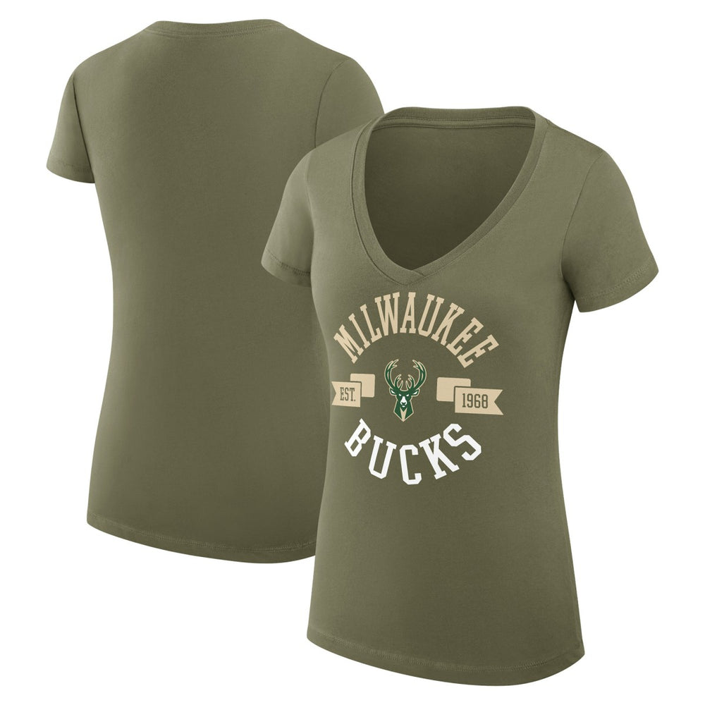 Olive Milwaukee Bucks G-III 4Her by Carl Banks Women's Super-Slim Fit Lightweight Large City Logo V-Neck T-Shirt | NBA