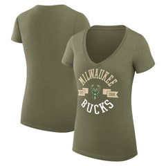 Olive Milwaukee Bucks G-III 4Her by Carl Banks Women's Super-Slim Fit Lightweight Large City Logo V-Neck T-Shirt | NBA