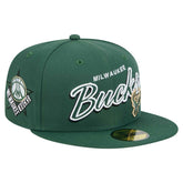 Hunter Green Milwaukee Bucks Sport Night Script Sided 59FIFTY Fitted Hat | NBA
