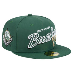 Hunter Green Milwaukee Bucks Sport Night Script Sided 59FIFTY Fitted Hat | NBA