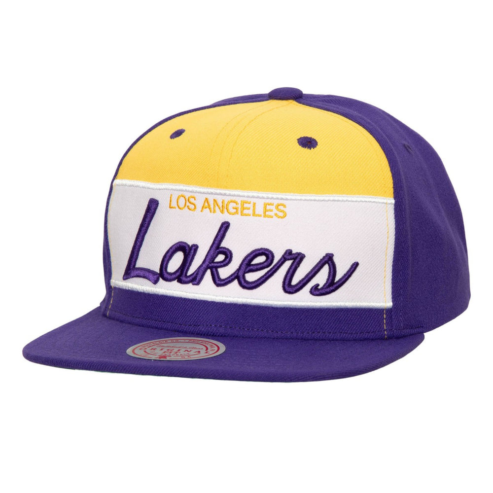 White/Purple Los Angeles Lakers Retro Sport Color Block Script Snapback Hat | NBA