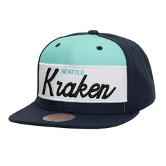 Seattle Kraken Mitchell & Ness Retro Script Colorblock Snapback Hat - NHL Hats