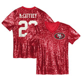 San Francisco 49ers Christian McCaffrey Girls Youth Sequin V-Neck Fashion Jersey | NFL Outlet