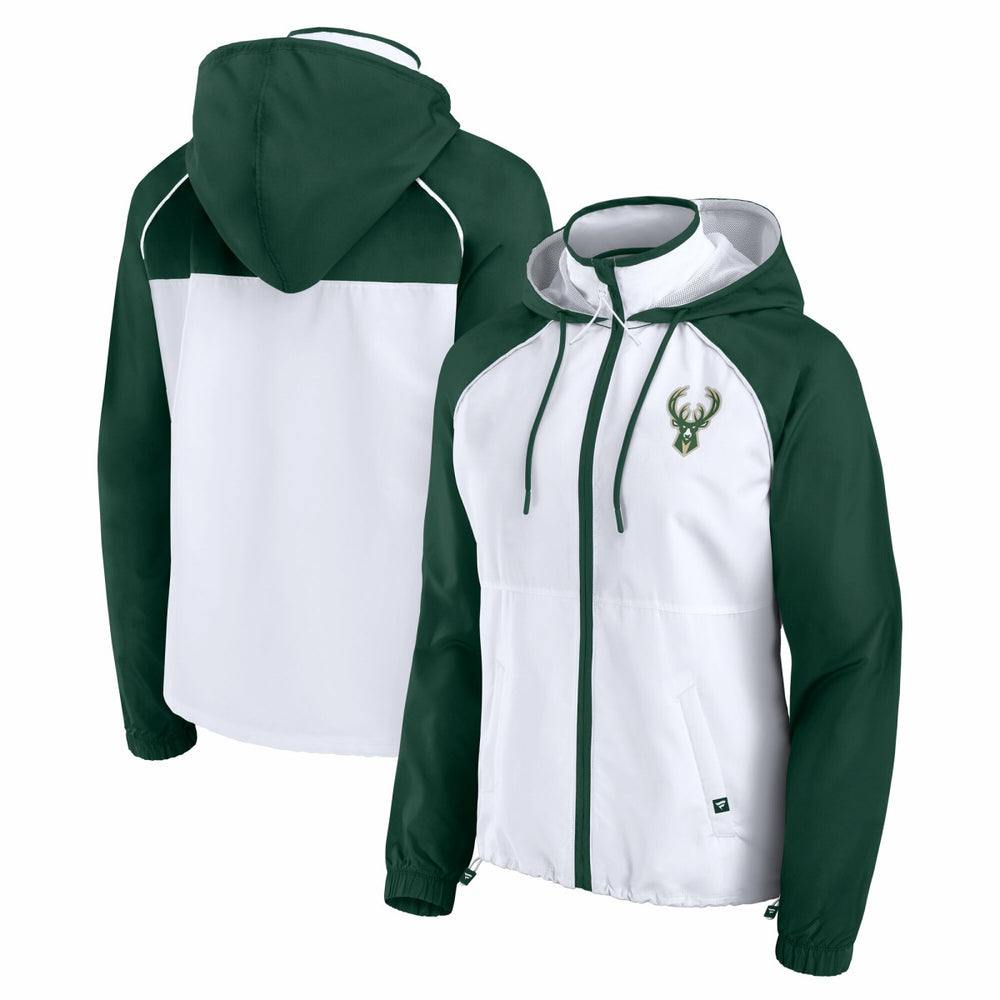 White/Hunter Green Milwaukee Bucks Women's Anorak Raglan Full-Zip Hoodie Jacket | NBA