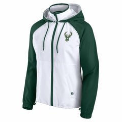 White/Hunter Green Milwaukee Bucks Women's Anorak Raglan Full-Zip Hoodie Jacket | NBA