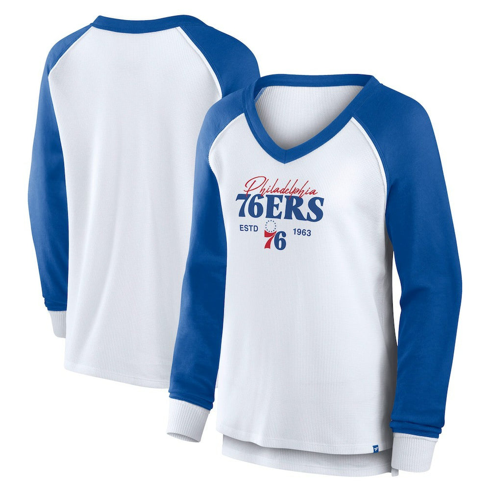 White Philadelphia 76ers Women's Open Lane Waffle Long Sleeve V-Neck T-Shirt | NBA