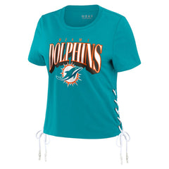 Miami Dolphins WEAR by Erin Andrews Women's Lace Up Side Modest Cropped T-Shirt | NFL Discount