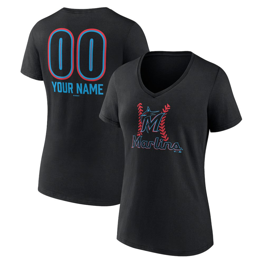 Miami Marlins Women's Personalized Name & Number Fastball V-Neck T-Shirt - MLB T-shirts