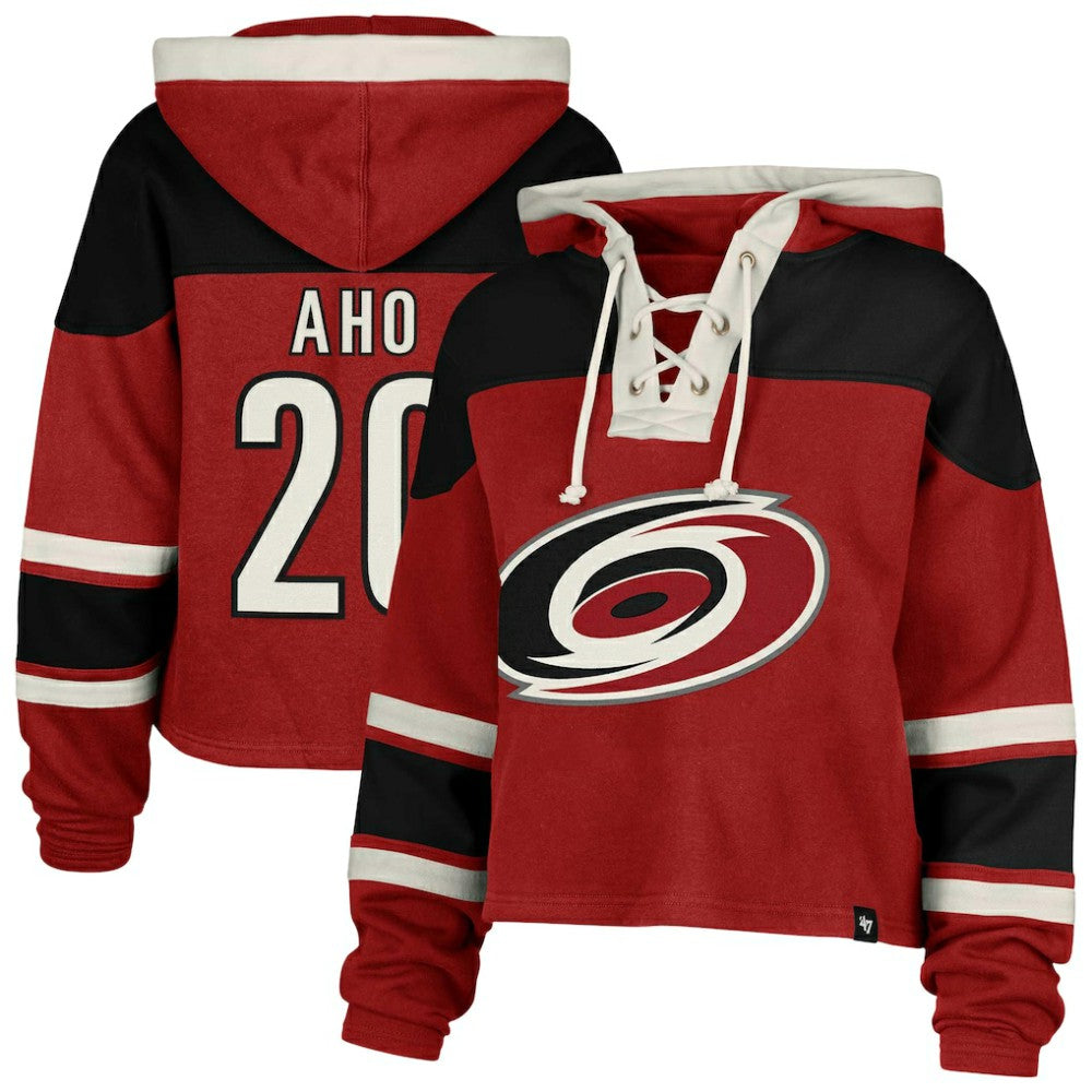 Sebastian Aho Carolina Hurricanes '47 Women's Superior Lacer Cropped Pullover Hoodie - NHL Hoodies