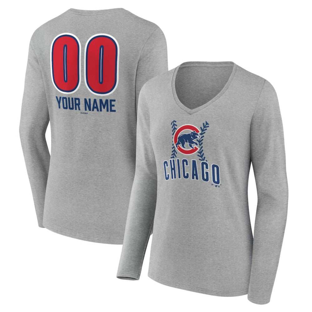Chicago Cubs Women's Personalized Name & Number Fastball Long Sleeve V-Neck T-Shirt - MLB T-shirts