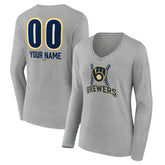 Milwaukee Brewers Women's Personalized Name & Number Fastball Long Sleeve V-Neck T-Shirt - MLB T-shirts