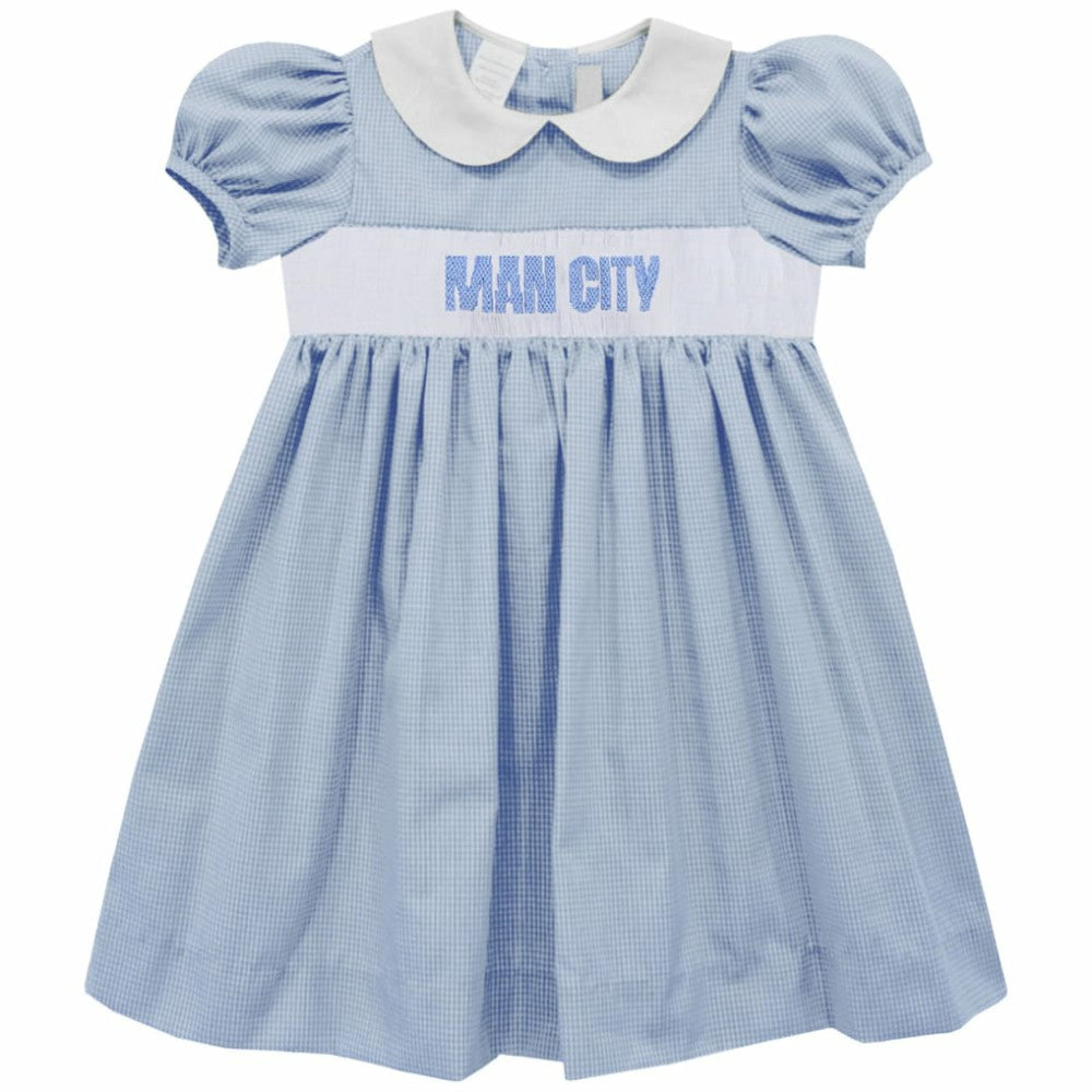 Manchester City Vive La Fete Girls Infant Gingham Smocked Dress Discount - Sky Blue