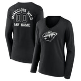 Minnesota Wild Women's Personalized Name & Number Monochrome Long Sleeve V-Neck T-Shirt - NHL T-shirts
