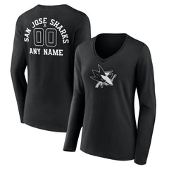 San Jose Sharks Women's Personalized Name & Number Monochrome Long Sleeve V-Neck T-Shirt - NHL T-shirts