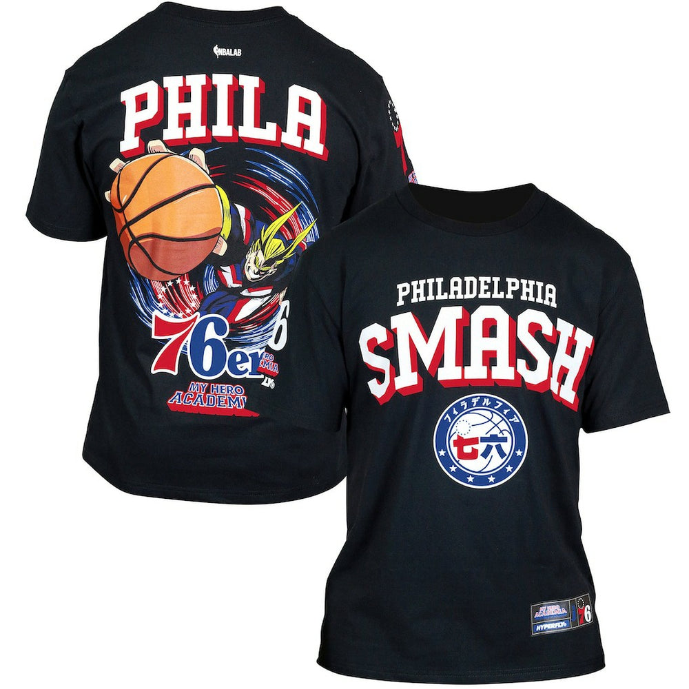 Black Philadelphia 76ers Hyperfly Unisex NBA x My Hero Academia All Might Smash T-Shirt | NBA