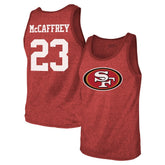 San Francisco 49ers Christian McCaffrey Majestic Threads Tri-Blend Player Name & Number Tank Top | NFL Outlet
