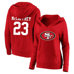 San Francisco 49ers Christian McCaffrey Women's Plus Size Player Name & Number V-Neck Pullover Hoodie | NFL Discount