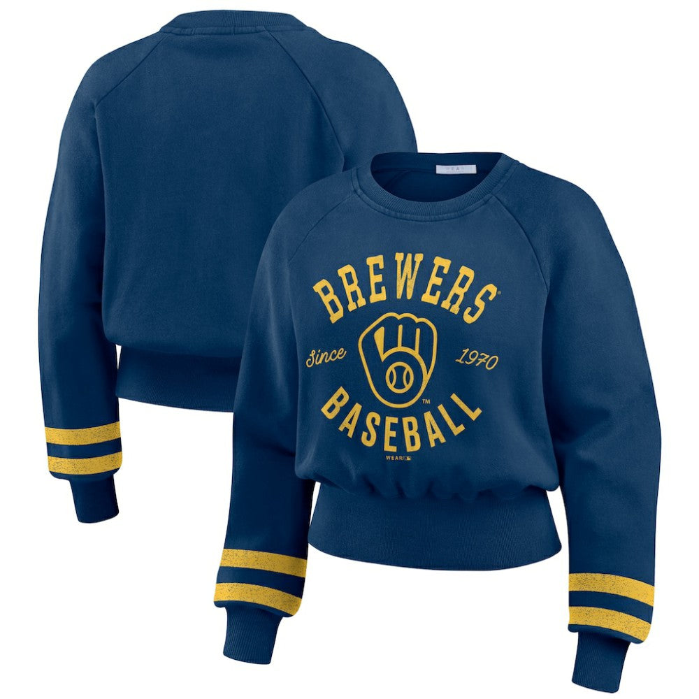 Milwaukee Brewers WEAR by Erin Andrews Women's Vintage Washed Cropped Pullover Sweatshirt - MLB Pullover