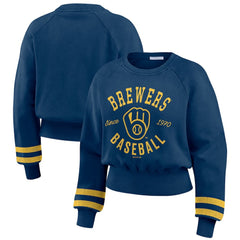 Milwaukee Brewers WEAR by Erin Andrews Women's Vintage Washed Cropped Pullover Sweatshirt - MLB Pullover