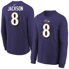 Baltimore Ravens Lamar Jackson Youth Player Name & Number Long Sleeve T-Shirt | NFL Hot
