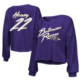 Baltimore Ravens Derrick Henry Majestic Threads Women's Name & Number Off-Shoulder Script Cropped Long Sleeve Relaxed V-Neck T-Shirt | NFL On sale