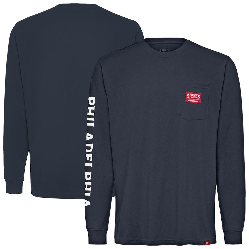 Navy Philadelphia 76ers Sportiqe Unisex Wales Heavyweight Pocket Long Sleeve T-Shirt | NBA