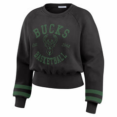 Black Milwaukee Bucks WEAR by Erin Andrews Women's Vintage Raglan Cropped Pullover Sweatshirt | NBA