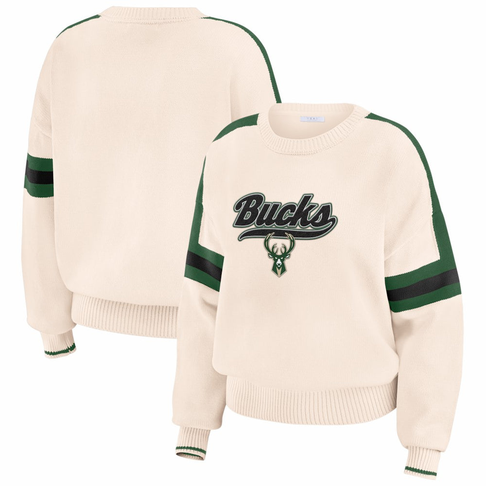 Cream Milwaukee Bucks WEAR by Erin Andrews Women's Stripe Pullover Sweater | NBA